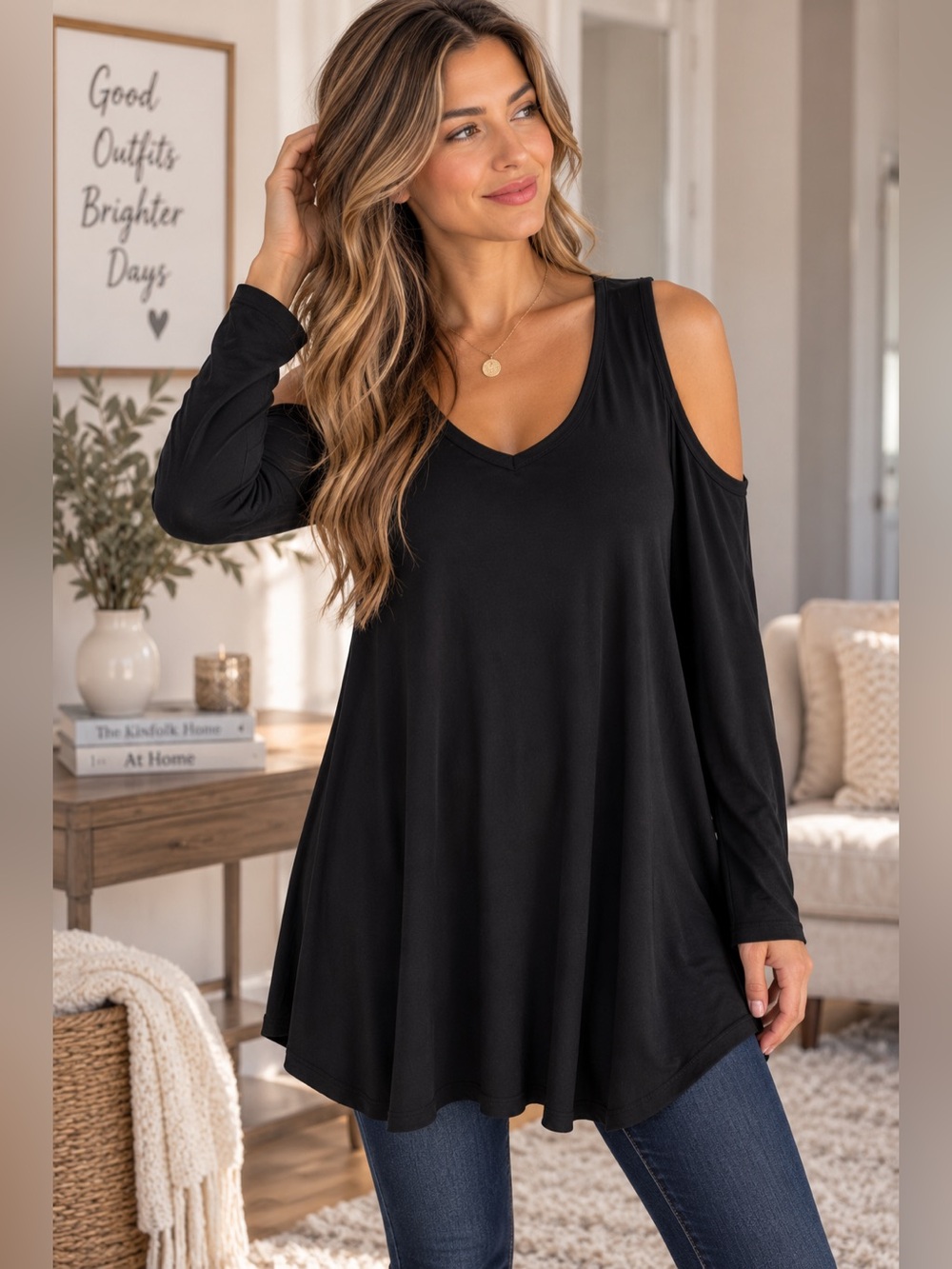 Peace Love World Black Cold Shoulder Modal Tunic Top Size S